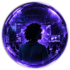 A figure facing a wall of glowing screens at a live event, inside a violet glass orb