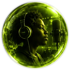 A storyteller in headphones at a studio microphone, inside a lime glass orb