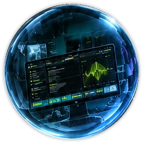 A dashboard and audio waveform on a monitor, inside a blue glass orb
