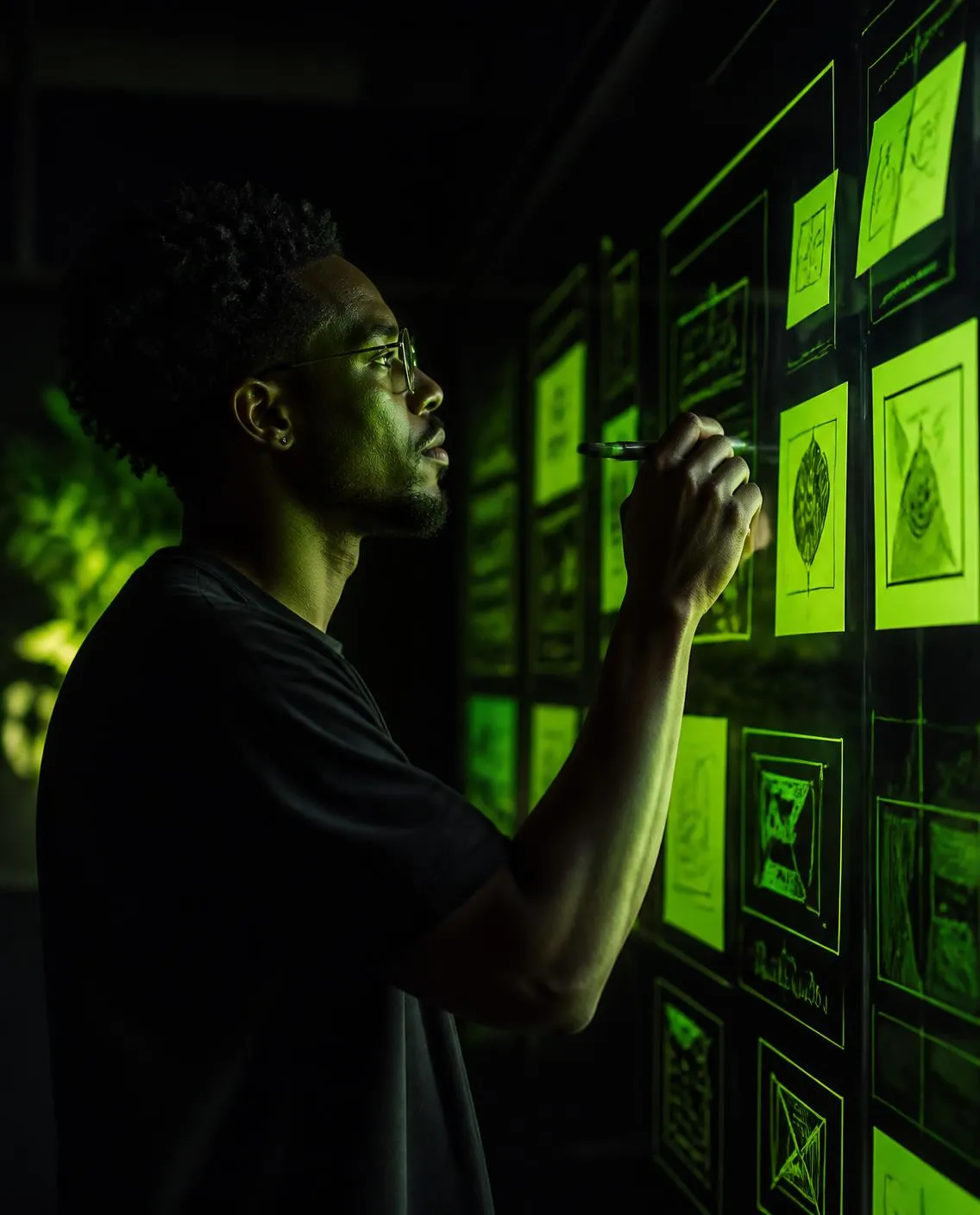 A creative director mapping ideas on a wall of glowing lime notes and wireframes
