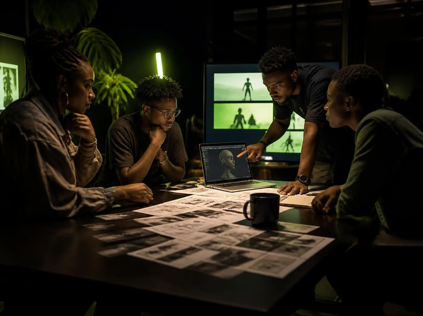 A creative team working together around a table of storyboards in a dark studio