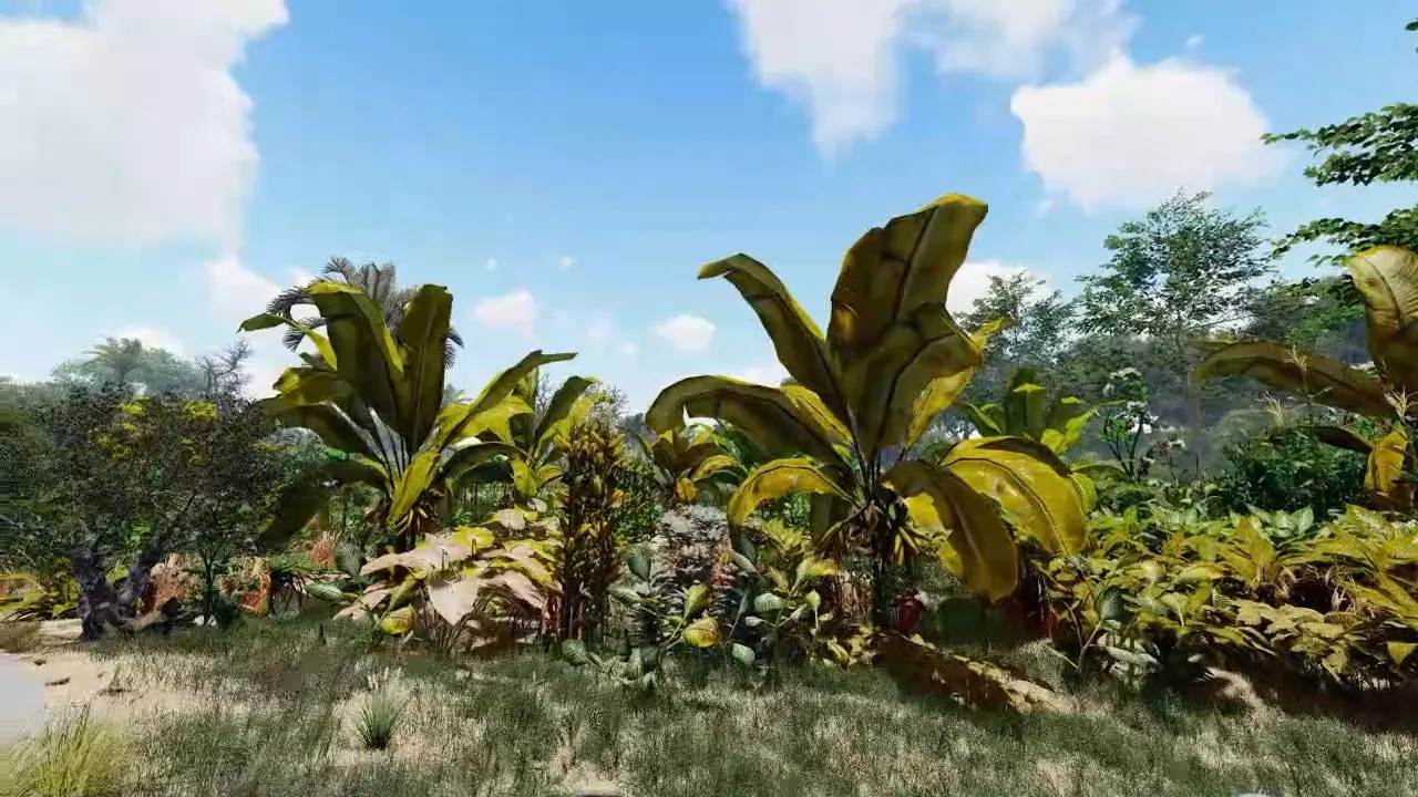 3D-animated African garden of banana plants under a blue sky, from the Better Africa film