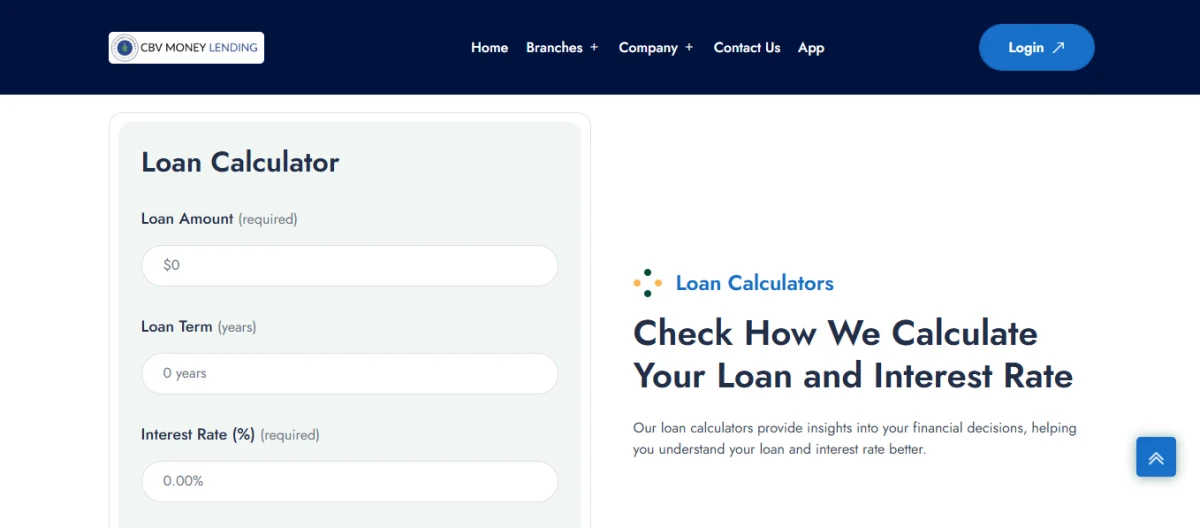 The CBV Money Lending website showing its online loan calculator